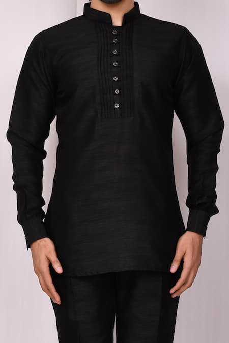 Aryavir Malhotra Black Art Silk Band Collar Kurta And Pant Set at Aza Fashions Aryavir Malhotra_Black Art Silk Band Collar Kurta And Pant Set _at_Aza_Fashions