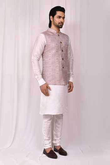 Aryavir Malhotra_Purple Silk, Jacquard Embroidery Floral Print Bundi Kurta Set _Online_at_Aza_Fashions