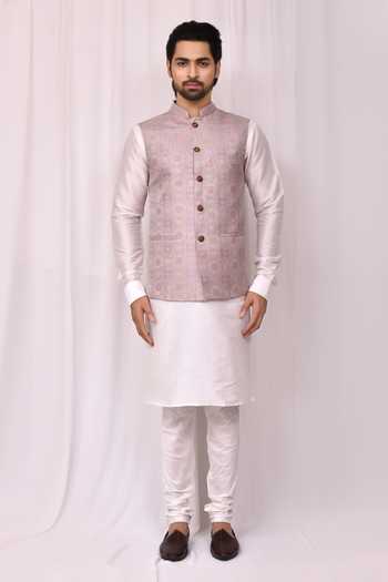 Buy_Aryavir Malhotra_Purple Silk, Jacquard Embroidery Floral Print Bundi Kurta Set _Online_at_Aza_Fashions