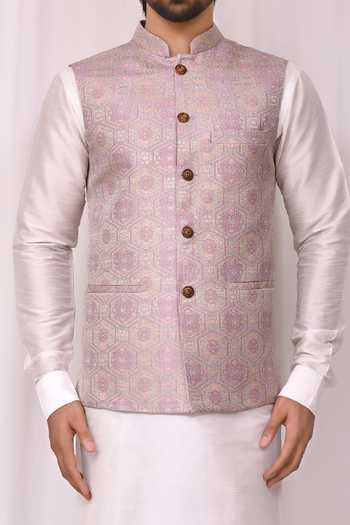 Aryavir Malhotra_Purple Silk, Jacquard Embroidery Floral Print Bundi Kurta Set _at_Aza_Fashions