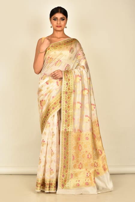 Nazaakat by Samara Singh White Silk Woven Floral Saree