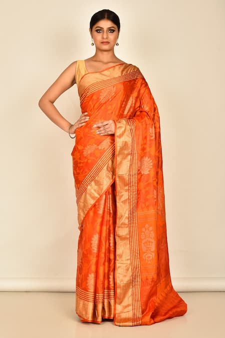 Nazaakat by Samara Singh Orange Silk Woven Floral Saree