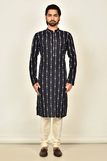 Arihant Rai Sinha Blue Cotton Geometric Print Full Sleeve Kurta Online at Aza Fashions Arihant Rai Sinha_Blue Cotton Geometric Print Full Sleeve Kurta _Online_at_Aza_Fashions
