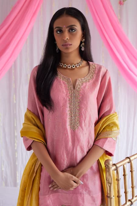 Buy_Shorshe Clothing_Pink Kurta Handloom Tissue, Lining Shantoon, Sharara Chanderi Saifi And Set_Online_at_Aza_Fashions