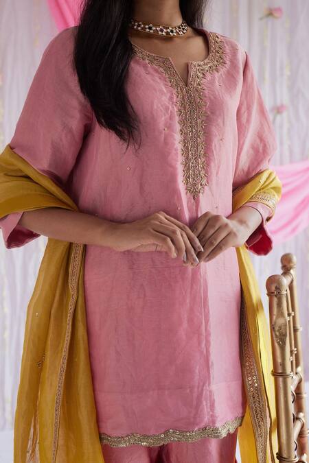 Shop_Shorshe Clothing_Pink Kurta Handloom Tissue, Lining Shantoon, Sharara Chanderi Saifi And Set_Online_at_Aza_Fashions