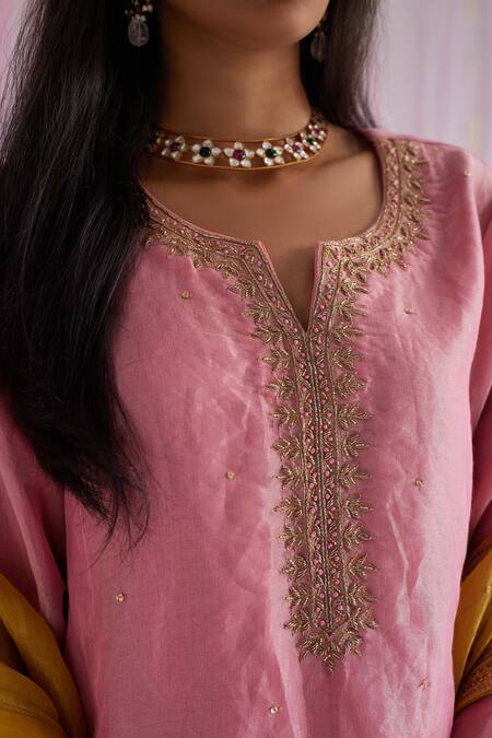 Shorshe Clothing_Pink Kurta Handloom Tissue, Lining Shantoon, Sharara Chanderi Saifi And Set_at_Aza_Fashions