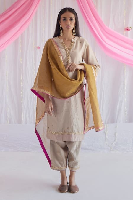 Shorshe Clothing_Beige Chanderi, Lining Shantoon Band Chitkan Kurta And Salwar Set _Online_at_Aza_Fashions