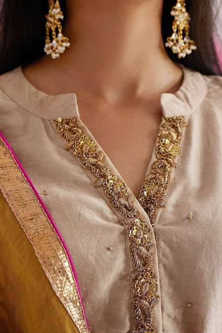 Shop_Shorshe Clothing_Beige Chanderi, Lining Shantoon Band Chitkan Kurta And Salwar Set _Online_at_Aza_Fashions