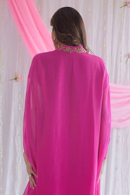 Shop Shorshe Clothing Pink Chiffon, Lining Shantoon Floral Motifs V Neck Long Kaftan Online at Aza Fashions Shop_Shorshe Clothing_Pink Chiffon, Lining Shantoon Floral Motifs V Neck Long Kaftan _Online_at_Aza_Fashions