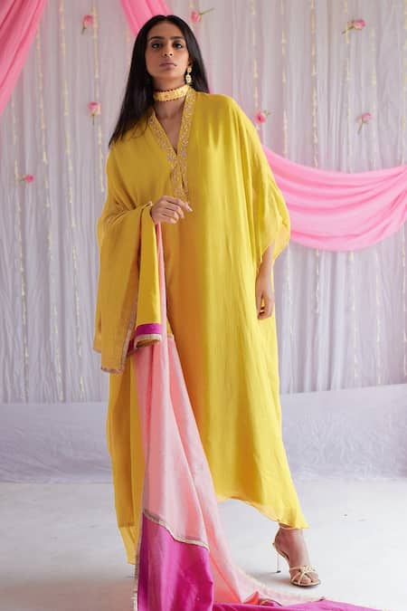Shorshe Clothing Yellow Chiffon, Lining Shantoon Floral Motifs V Neck Long Kaftan Online at Aza Fashions Shorshe Clothing_Yellow Chiffon, Lining Shantoon Floral Motifs V Neck Long Kaftan _Online_at_Aza_Fashions