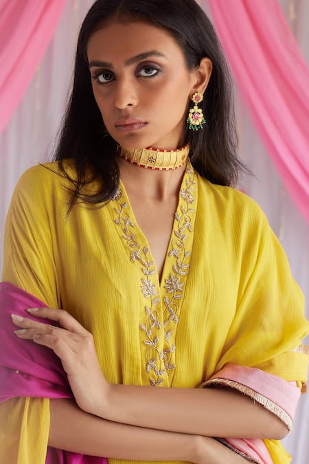 Shorshe Clothing Yellow Chiffon, Lining Shantoon Floral Motifs V Neck Long Kaftan at Aza Fashions Shorshe Clothing_Yellow Chiffon, Lining Shantoon Floral Motifs V Neck Long Kaftan _at_Aza_Fashions
