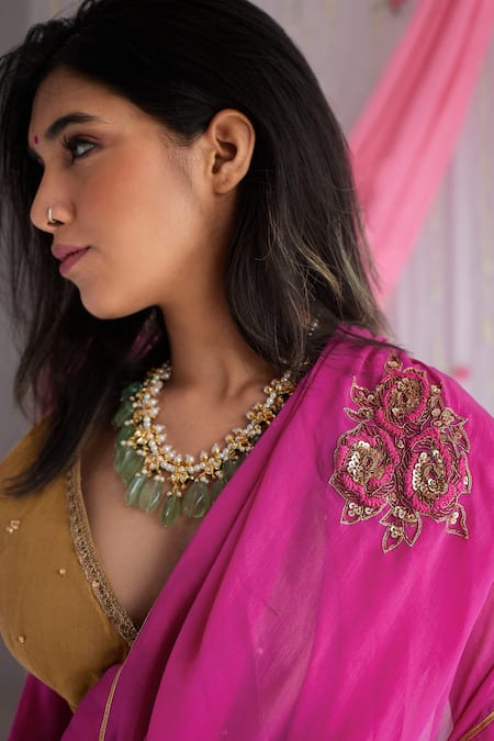 Shorshe Clothing_Pink Chiffon Floral Motifs Embroidered Saree _Online_at_Aza_Fashions