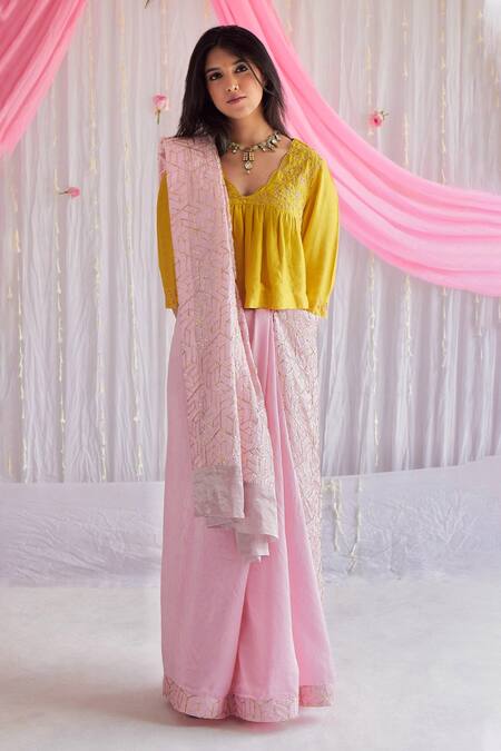 Shorshe Clothing_Pink Octa Gota Chanderi Saree_Online_at_Aza_Fashions