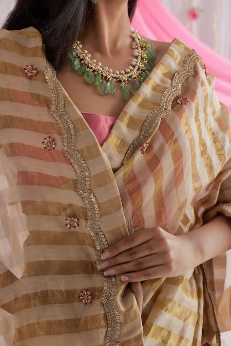 Buy Shorshe Clothing Beige Tissue Stripe Chanderi Lace Trims Saree Online at Aza Fashions Buy_Shorshe Clothing_Beige Tissue Stripe Chanderi Lace Trims Saree _Online_at_Aza_Fashions