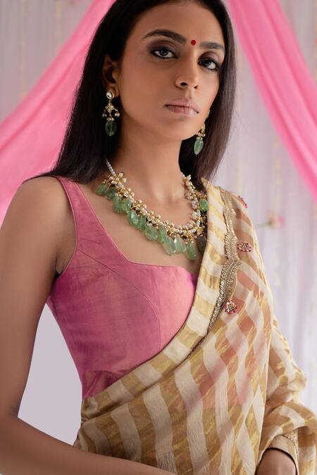 Shorshe Clothing Pink Handloom Tissue, Lining Shantoon Scoop Neck Blouse Online at Aza Fashions Shorshe Clothing_Pink Handloom Tissue, Lining Shantoon Scoop Neck Blouse _Online_at_Aza_Fashions