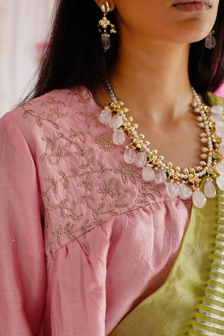 Buy_Shorshe Clothing_Pink Raw Silk, Lining Shantoon Floral Motifs V Neck Blouse _Online_at_Aza_Fashions