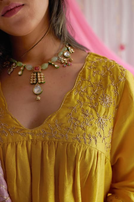 Shop_Shorshe Clothing_Yellow Raw Silk, Lining Shantoon Floral Motifs V Neck Blouse _Online_at_Aza_Fashions