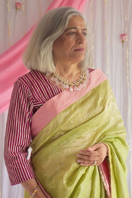 Shorshe Clothing Pink Gota Net, Lining Shantoon Striped V Neck Nina Blouse Online at Aza Fashions Shorshe Clothing_Pink Gota Net, Lining Shantoon Striped V Neck Nina Blouse _Online_at_Aza_Fashions