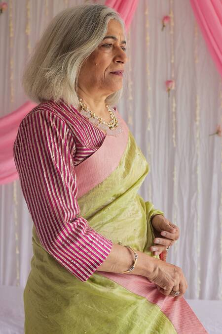 Buy Shorshe Clothing Pink Gota Net, Lining Shantoon Striped V Neck Nina Blouse Online at Aza Fashions Buy_Shorshe Clothing_Pink Gota Net, Lining Shantoon Striped V Neck Nina Blouse _Online_at_Aza_Fashions