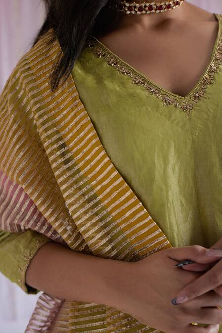 Shorshe Clothing_Pink Gota Net Striped Dual Shaded Dupatta_Online_at_Aza_Fashions