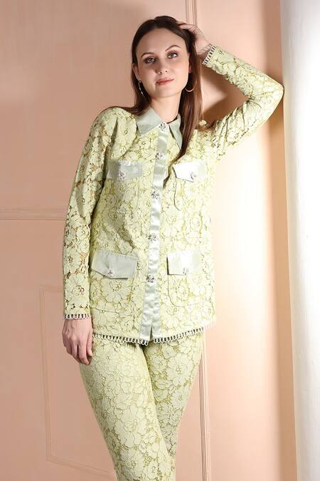 Buy_Evra By Nikita_Green Fabric, Satin Lining Work Spread Collar Shirt And Pant Set_Online_at_Aza_Fashions