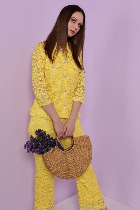 Buy_Evra By Nikita_Yellow Fabric, Satin Lining Work Spread Collar Shirt And Pant Set_Online_at_Aza_Fashions
