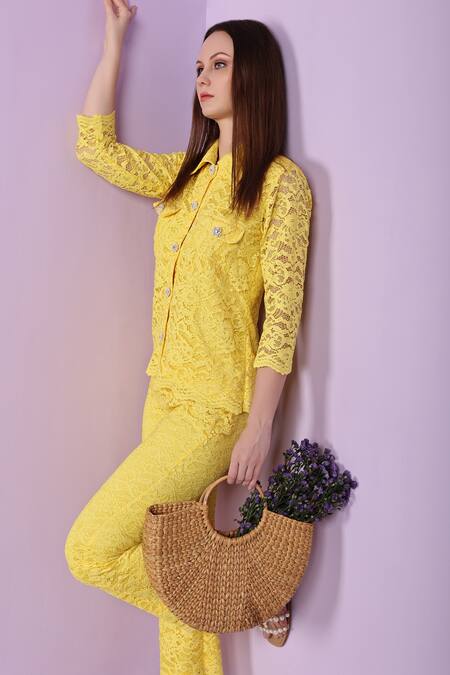 Shop_Evra By Nikita_Yellow Fabric, Satin Lining Work Spread Collar Shirt And Pant Set_Online_at_Aza_Fashions