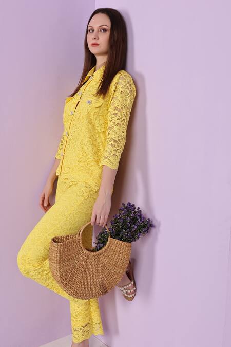 Evra By Nikita_Yellow Fabric, Satin Lining Work Spread Collar Shirt And Pant Set_at_Aza_Fashions