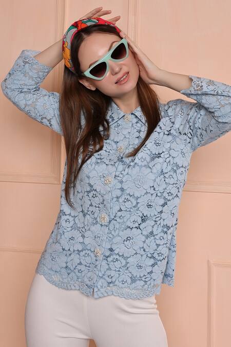 Shop_Evra By Nikita_Blue Fabric, Satin Lining Work Spread Collar Shirt_Online_at_Aza_Fashions