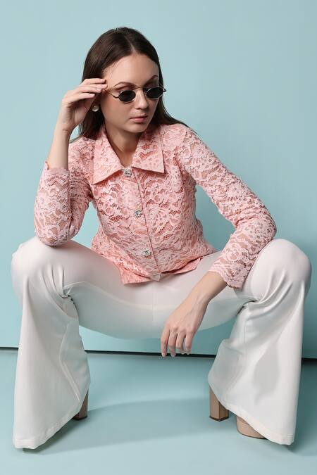 Evra By Nikita_Pink Fabric, Satin Lining Work Spread Collar Shirt_Online_at_Aza_Fashions