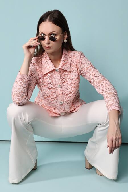Buy_Evra By Nikita_Pink Fabric, Satin Lining Work Spread Collar Shirt_Online_at_Aza_Fashions
