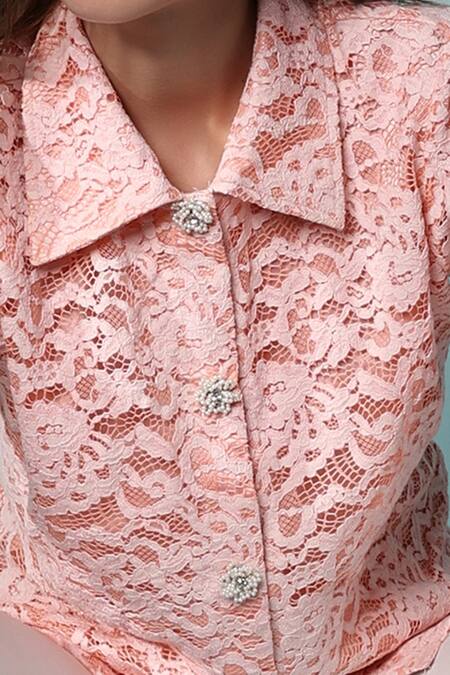Shop_Evra By Nikita_Pink Fabric, Satin Lining Work Spread Collar Shirt_Online_at_Aza_Fashions