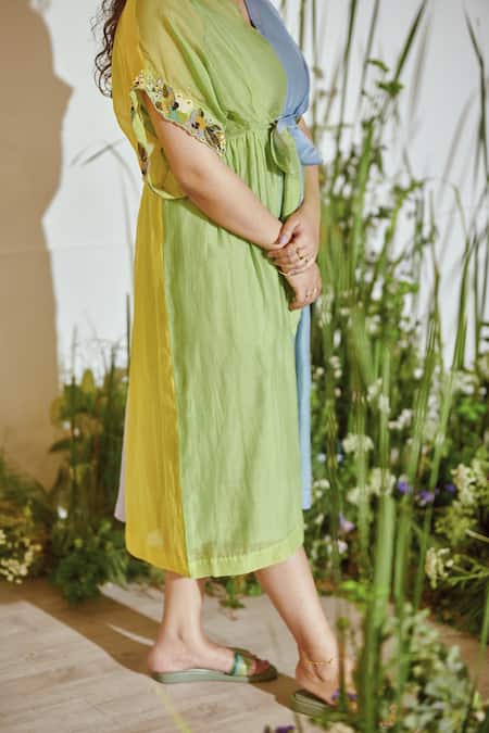 Buy_Half Full Curve_Purple Chanderi Bead , Thread V Neck Colourblock Dress _Online_at_Aza_Fashions