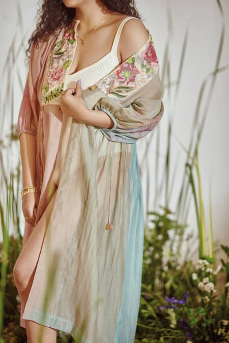 Half Full Curve_Pink Chanderi Bead , Thread Tropical Garden Ombre Jacket _Online_at_Aza_Fashions