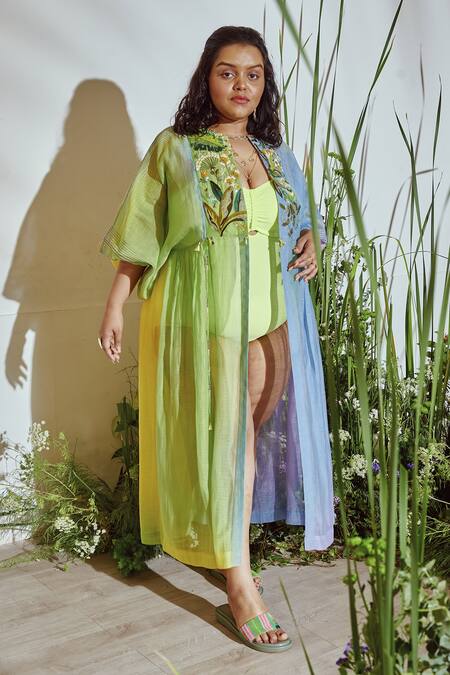 Half Full Curve_Purple Chanderi Bead , Thread Tropical Garden Ombre Jacket _Online_at_Aza_Fashions