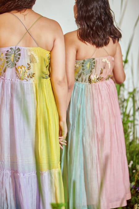 Buy Half Full Curve Pink Chanderi Bead , Thread V Neck Tropical Ombre Tiered Dress Online at Aza Fashions Buy_Half Full Curve_Pink Chanderi Bead , Thread V Neck Tropical Ombre Tiered Dress _Online_at_Aza_Fashions