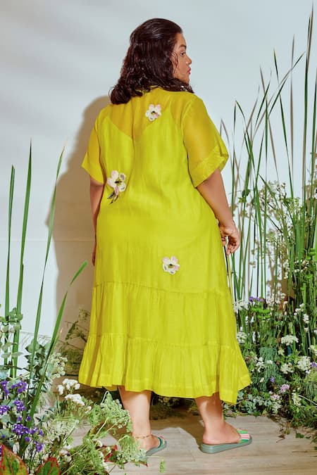 Shop_Half Full Curve_Green Chanderi Bead , Thread V Neck Tiered Hem Dress _at_Aza_Fashions
