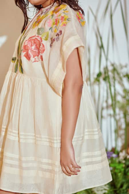 Half Full Curve Beige Chanderi Bead , Thread V Neck Holiday Florals Dress Online at Aza Fashions Half Full Curve_Beige Chanderi Bead , Thread V Neck Holiday Florals Dress _Online_at_Aza_Fashions