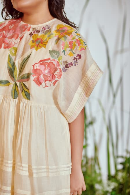 Buy Half Full Curve Beige Chanderi Bead , Thread V Neck Holiday Florals Dress Online at Aza Fashions Buy_Half Full Curve_Beige Chanderi Bead , Thread V Neck Holiday Florals Dress _Online_at_Aza_Fashions