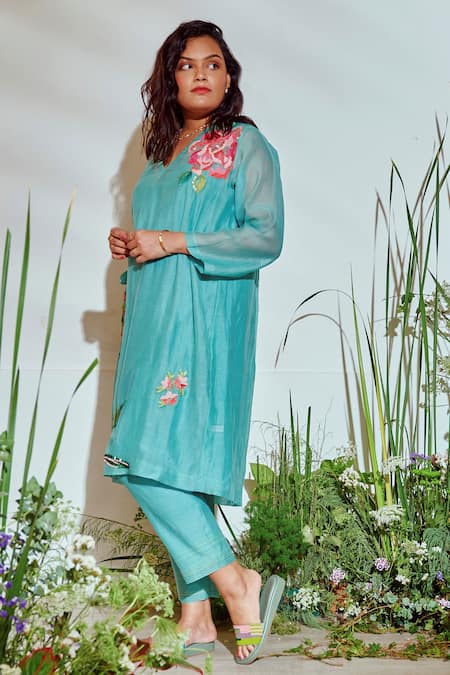 Half Full Curve_Blue Chanderi Sequin , Thread High Tropical Garden Kurta And Pant Set _Online_at_Aza_Fashions