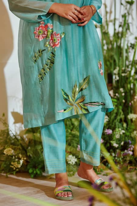 Buy_Half Full Curve_Blue Chanderi Sequin , Thread High Tropical Garden Kurta And Pant Set _Online_at_Aza_Fashions