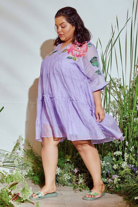 Half Full Curve Purple Chanderi Bead , Thread V Neck Tropical Garden Tiered Dress Online at Aza Fashions Half Full Curve_Purple Chanderi Bead , Thread V Neck Tropical Garden Tiered Dress _Online_at_Aza_Fashions