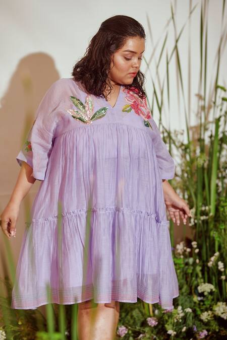 Buy Half Full Curve Purple Chanderi Bead , Thread V Neck Tropical Garden Tiered Dress Online at Aza Fashions Buy_Half Full Curve_Purple Chanderi Bead , Thread V Neck Tropical Garden Tiered Dress _Online_at_Aza_Fashions