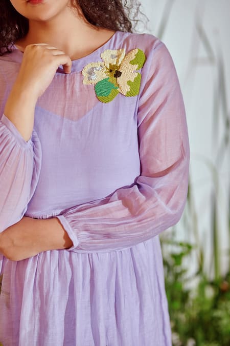 Buy_Half Full Curve_Purple Chanderi Bead , Thread High Neck Midi Dress _Online_at_Aza_Fashions