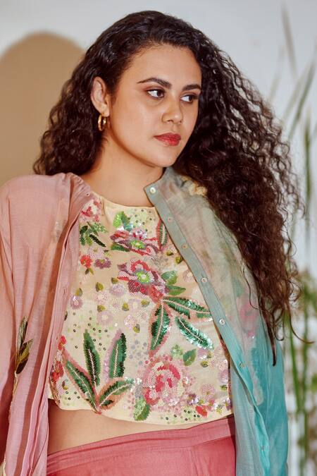 Half Full Curve_Beige Chiffon Crepe Embroidered Sequin Work Round Floral Crop Top  _Online_at_Aza_Fashions