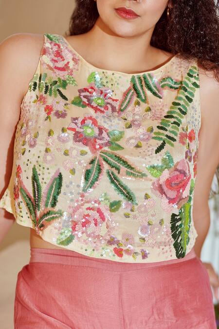 Buy_Half Full Curve_Beige Chiffon Crepe Embroidered Sequin Work Round Floral Crop Top  _Online_at_Aza_Fashions