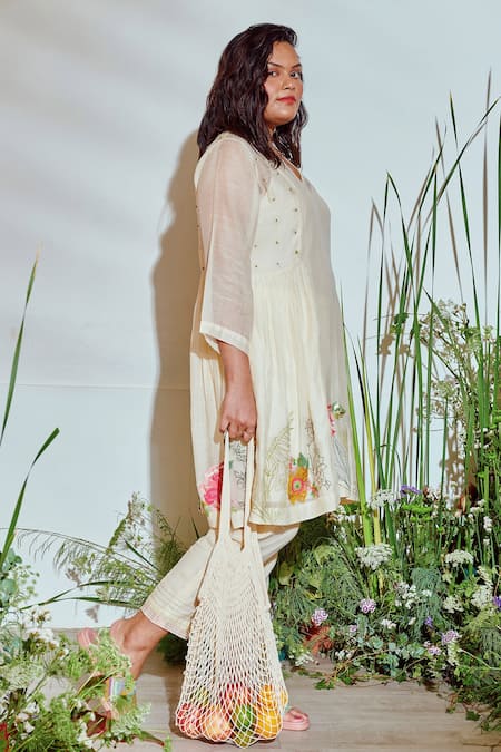 Half Full Curve_Beige Chanderi Sequin , Thread High Tropical Garden Kurta And Pant Set _Online_at_Aza_Fashions