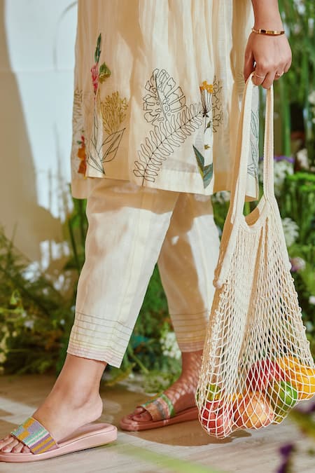 Buy_Half Full Curve_Beige Chanderi Sequin , Thread High Tropical Garden Kurta And Pant Set _Online_at_Aza_Fashions