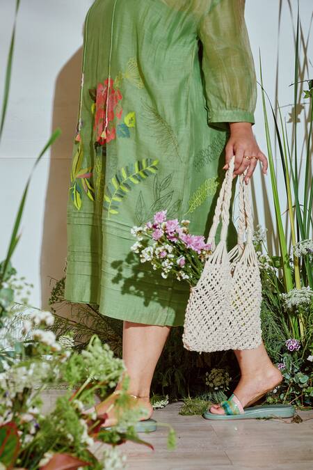 Buy_Half Full Curve_Green Chanderi Sequin , Thread V Neck Embroidered Hem Dress _Online_at_Aza_Fashions