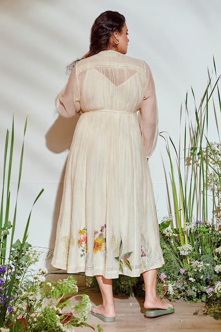 Shop_Half Full Curve_Beige Chanderi Sequin , Thread V Neck Holiday Florals Dress _at_Aza_Fashions